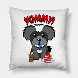 Cute schnauzer dog is having coffee and cake Pillow