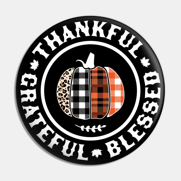 Thankful Grateful Blessed Orange Plaid Leopard Pumpkin Fall Pin by OrangeMonkeyArt