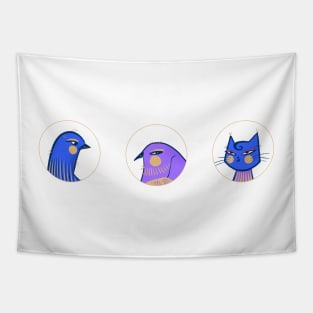 Two purple and blue birds one blue cat Tapestry