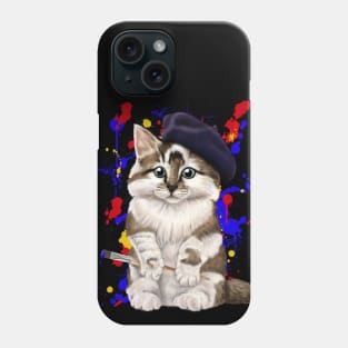 Artist cat - kitty in a beret with paintbrush Phone Case