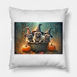 Pug Dogs Halloween Witches Pumpkins Pillow