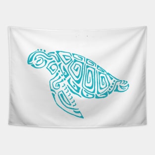 Turquoise tattoo style turtle gray background Tapestry