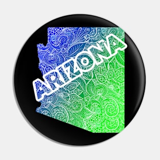 Colorful mandala art map of Arizona with text in blue and green Pin