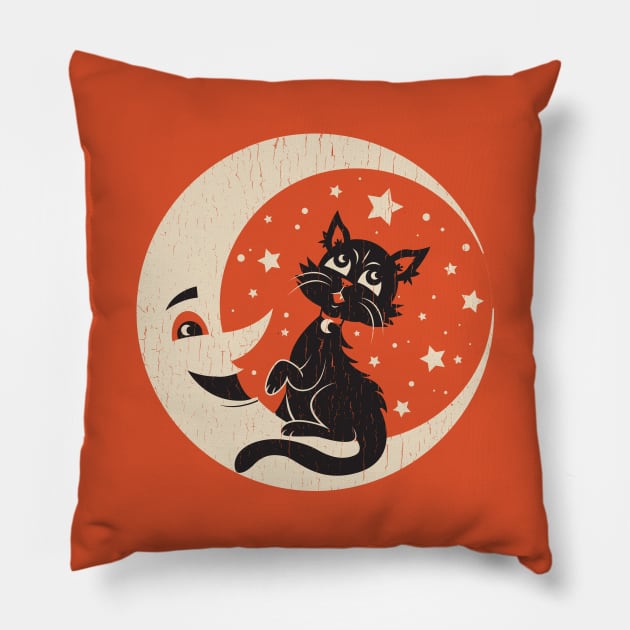 Vintage Halloween Moon Kitty Pillow by Kappacino Creations