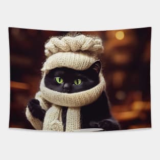 Cold cat wears knitted scarf and drinks coffee Tapestry