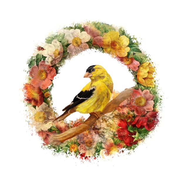 Goldfinch And Flower Garland by ampomata