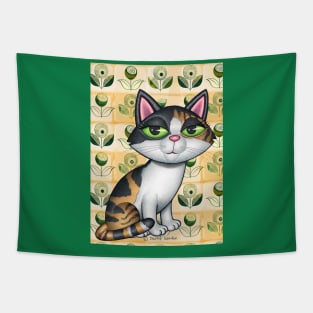 Cute Calico Cat in front of greenish flowers Tapestry