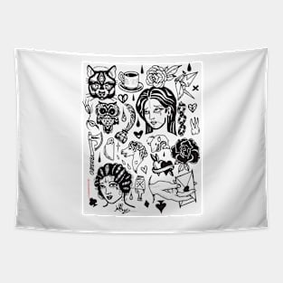 pen and ink blackwork flash sheet Tapestry