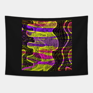 Jungle Fever. An abstract design with a tribal feel. Swirls, lines and patterns in hot pink, purple and yellow on a black background. Tapestry