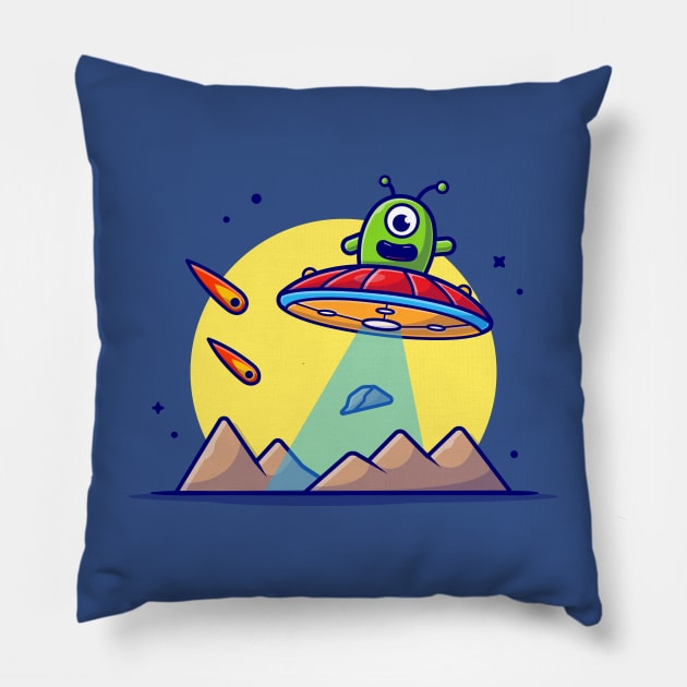 Cute Alien Flying on Planet with UFO and Meteorite Space Cartoon Vector Icon Illustration Pillow by Catalyst Labs