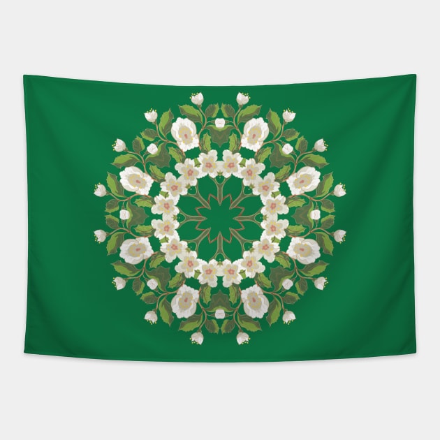 White Blossom Ornament Mandala Tapestry by AnnArtshock