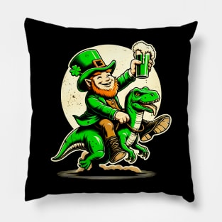 Irish Fantasy: Leprechaun Astride T-Rex Celebration Shirt for St. Patrick's Pillow