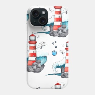 Lighthouse Seagull Waves Nautical Pattern Phone Case