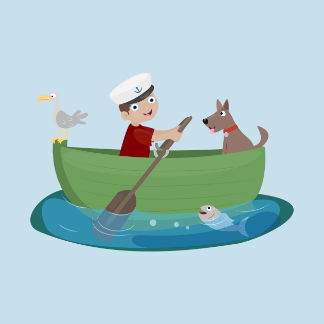 Cute boy sailor and dog rowing boat cartoon by FrogFactory