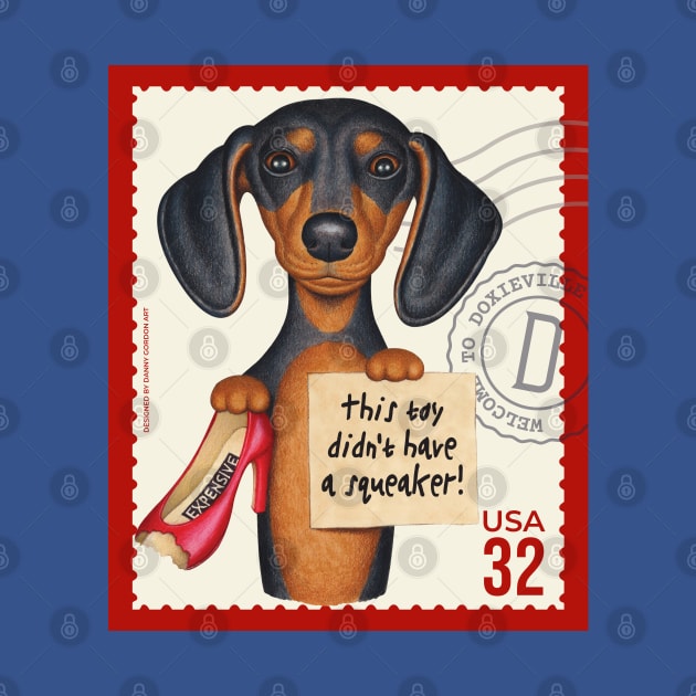 Cute Doxie Dachshund holding a new chew toy by Danny Gordon Art