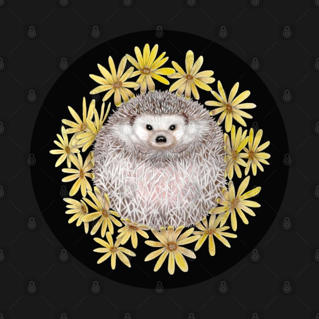 Hedgehog and Daisies (Black Background) by CoffeeberryArt