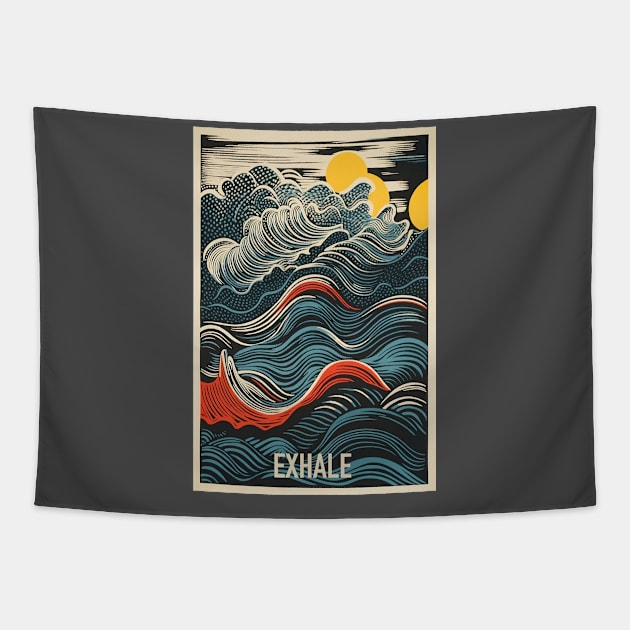 Exhale Waves Yoga Meditation Tapestry by One Eyed Cat Design