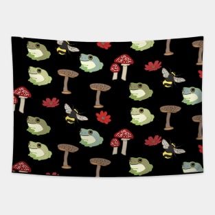 Frog and Mushroom Pattern with Black Background Tapestry