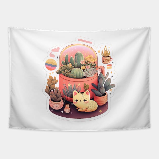 Cute kawaii fluffy cats and plants Tapestry by ramith-concept