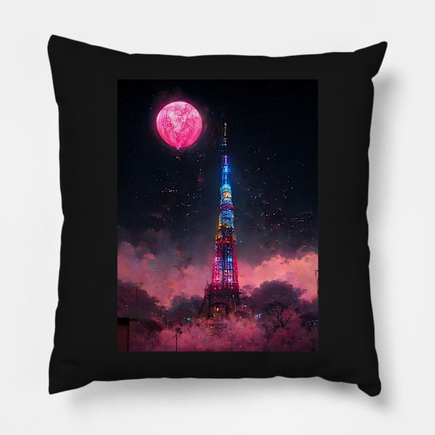 Cyber Punk Moon in Tokyo Pillow by dskfstudio