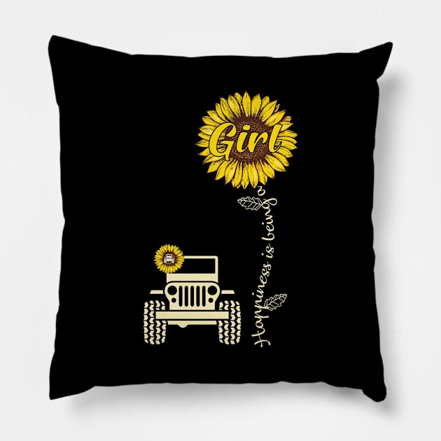 Jeep Sunflower Jeep GIrl Happiness is being a Girl Jeep Women Pillow by Jane Sky