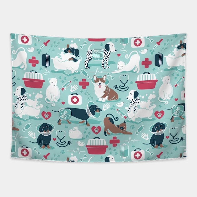 Veterinary medicine, happy and healthy friends // pattern // aqua background red details navy blue white and brown cats dogs and other animals Tapestry by SelmaCardoso