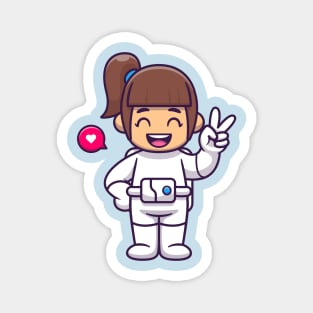 Cute Girl Astronaut With Peace Hand Cartoon Magnet