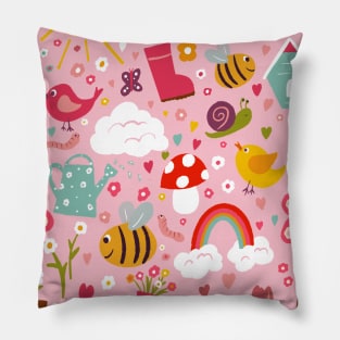 Gardening Fun repeat pattern on a pink background Pillow