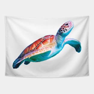 Green Sea Turtle illustration, original artwork. Vibrant turquoise, blues and reds Tapestry