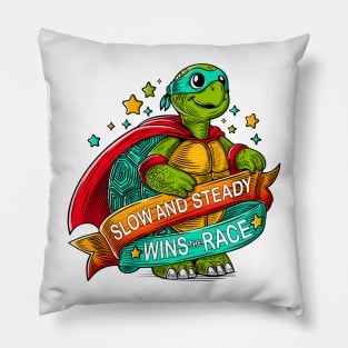 Turtle with ribbon, cape, mask, stars and motivational slogan. Pillow