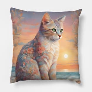 Floral Pastel Cat With Beach Sunset Pillow