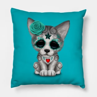 Blue Day of the Dead Sugar Skull Wolf Cub Pillow