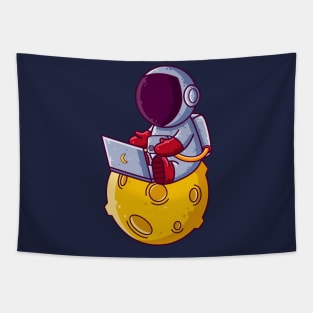 Cute Astronaut Working with Laptop on Moon Cartoon Tapestry