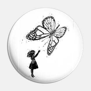 Girl and Butterfly Fantasy Black and White Artwork Pin