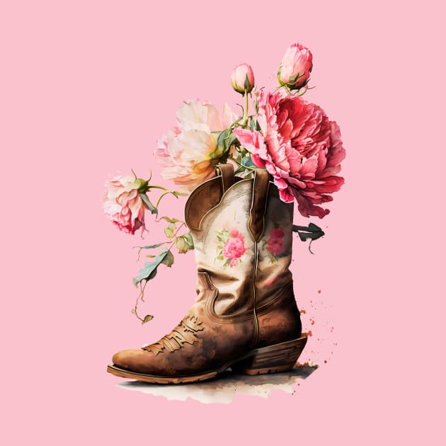 Pink Peonies Brown Cowgirl Boot by Queen of the Minivan