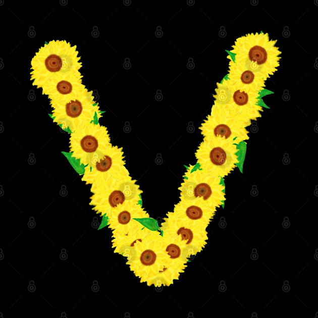 Sunflowers Initial Letter V (Black Background) by Art By LM Designs 