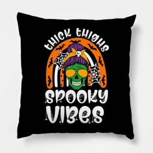 Funny Thick Thighs & Spooky Vibes Skull Messy Bun Halloween Pillow