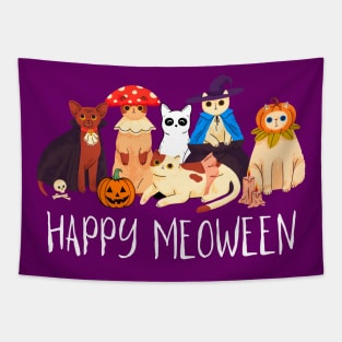 Happy Meoween Creepy Cute Cats Halloween Funny Tapestry