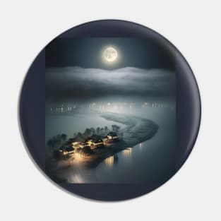 A view from sky of a full moon floating over clouds overlooking beach village Pin