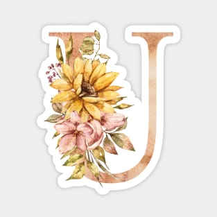 Watercolor sunflower bouquet monogram letter U Magnet