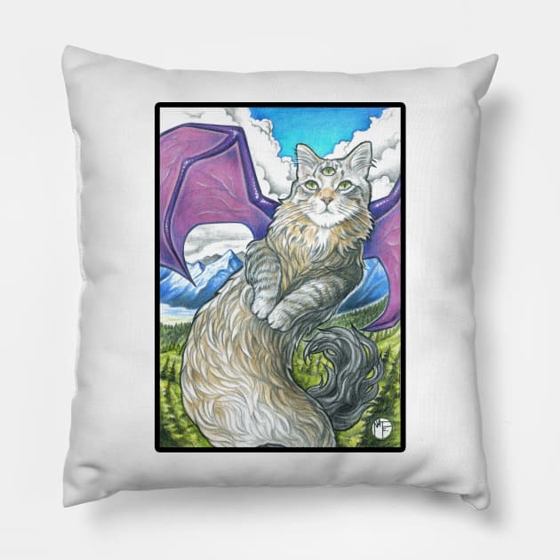 Cat Dragon - Black Outlined Version Pillow by Nat Ewert Art
