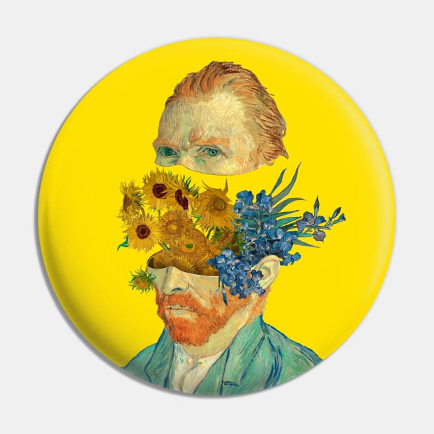 Surreal Van Gogh head with Sunflowers and Irises Pin by ArtOfSilentium