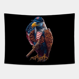 American eagle, flag, baseball hat and baseball bat Tshirt design Tapestry