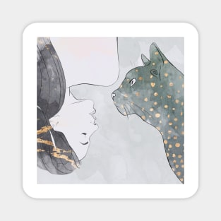 Girl And her Cat watercolour Magnet
