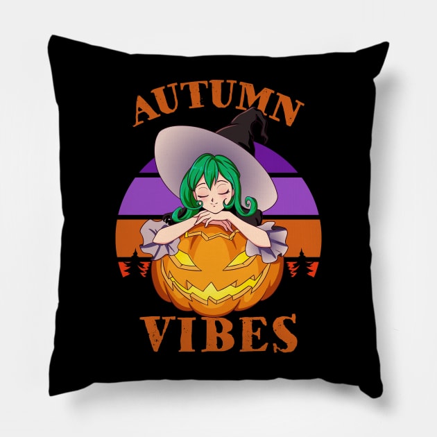 Autumn Vibes Halloween Pumpkin Fall Spooky Season Anime Witch Pillow by CultTees