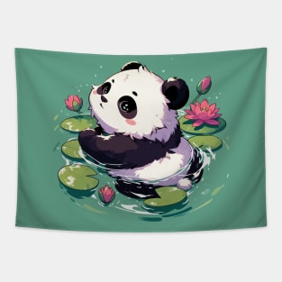 Cute Anime Panda Bear Bath With Water Lily Tapestry