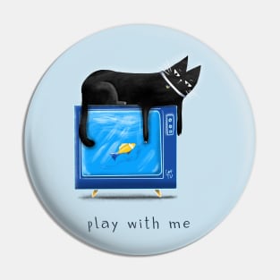 Cartoon black cat with a TV and a fish on the screen and the inscription "Play with me". Pin