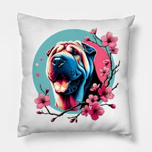 Joyful Chinese Shar-Pei Amidst Spring Cherry Blossoms Pillow