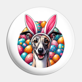 Whippet with Bunny Ears Enjoys Easter Egg Hunt Pin