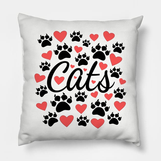 Cat Paws And Red Hearts Typography Pillow by Braznyc